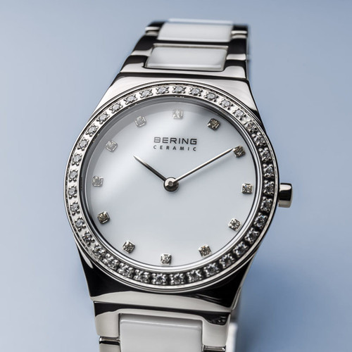 Bering Time Ladies White Ceramic Link Watch Swarovski Bezel 32430-754 Womens - CLEARANCE
