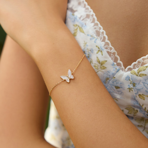 6.5"+0.8" Ania Haie Gold-Plated Sterling Silver Butterfly Pave Bracelet