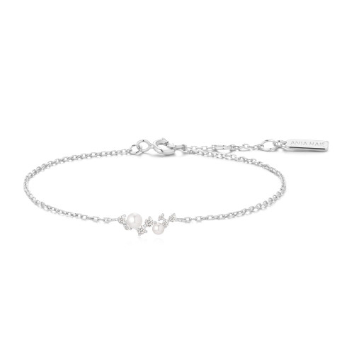 6.5"+0.8" Ania Haie Rhodium-Plated Sterling Silver Simulated Pearl Cluster Bracelet