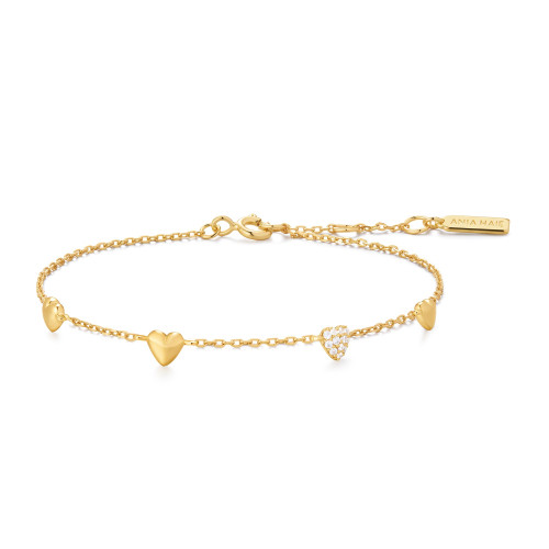 6.5"+0.8" Ania Haie Gold-Plated Sterling Silver Pave Heart Station Bracelet