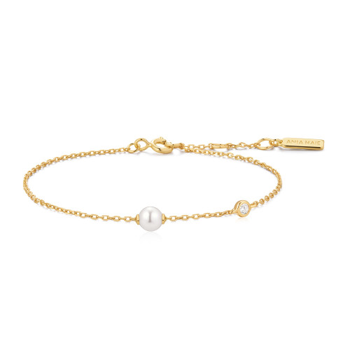 6.5"+0.8" Ania Haie Gold-Plated Sterling Silver Simulated Pearl & Sparkle Bracelet