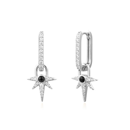 Ania Haie Rhodium-Plated Sterling Silver Black Onyx Star Drop Huggies