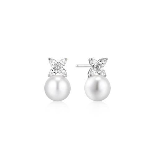 Ania Haie Rhodium-Plated Sterling Silver Simulated Pearl & Clover Stud Earrings
