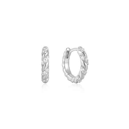 Ania Haie Rhodium-Plated Sterling Silver Sparkle Twisted Huggie Hoop Earrings