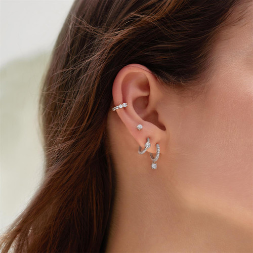 Ania Haie Rhodium-Plated Sterling Silver Dangling Sparkle Huggie Hoop Earrings