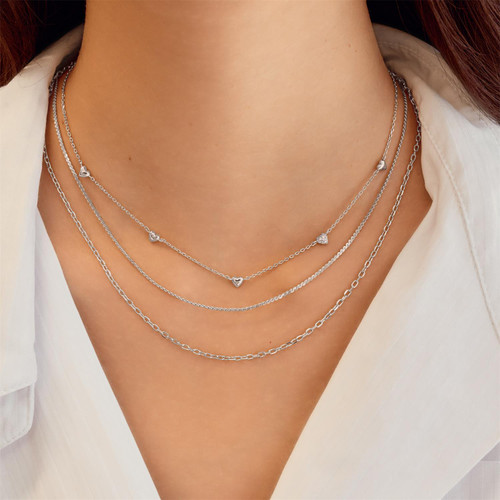 16"+2" Ania Haie Rhodium-Plated Sterling Silver Pave Heart Station Necklace