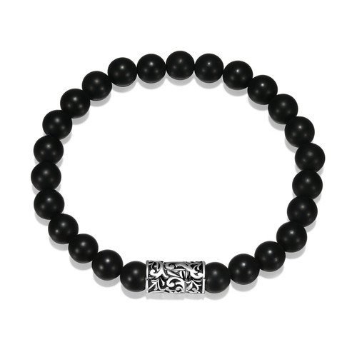 Men's 7.5" Chisel Rhodium-Plated Sterling Silver Genuine Black Agate Bracelet by ETHOS - UB0012
