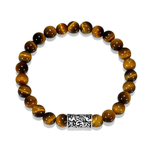 Men's 7.5" Chisel Rhodium-Plated Sterling Silver and Stainless Steel Genuine Tiger's Eye Cardano Chain Bracelet by ETHOS - UB0013
