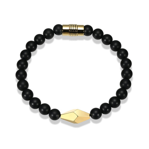 Men's 7.5" Strata Yellow Gold-Plated Sterling Silver Genuine Black Agate Bracelet by ETHOS - UB0018