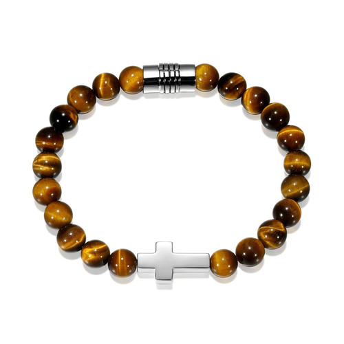 Men's 7.25" Strata Rhodium-Plated Sterling Silver Genuine Tiger's Eye Bracelet by ETHOS - UB0023