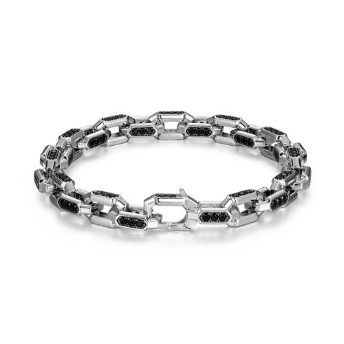 Additional view of Mens 7.5" Links Rhodium-Plated and Gunmetal-Finish Sterling Silver Genuine Black Spinel Bracelet by ETHOS - UB0055