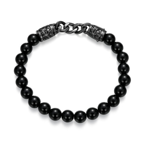 Men's Dark Reign Chisel Rondelle Cuban Chain Black Agate Beaded Bracelet by ETHOS - UB0097