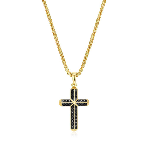 Men's 24" Black Ice Yellow Gold-Plated and Gunmetal-Finish Sterling Silver Genuine Black Sapphire Round Box Chain Pendant Necklace by ETHOS - UN0024