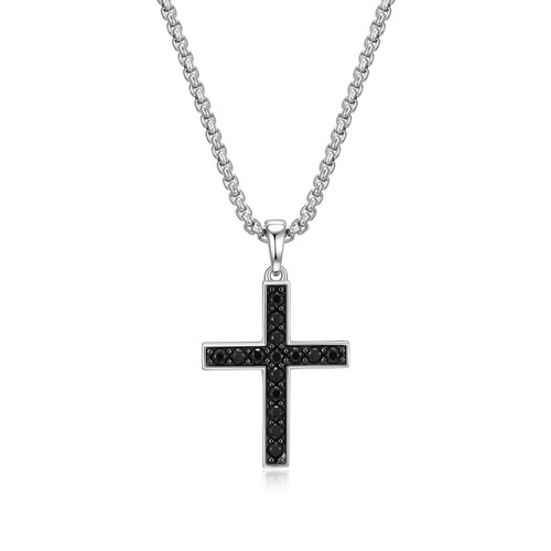 Men's 24" Black Ice Rhodium-Plated and Gunmetal-Finish Sterling Silver Genuine Black Sapphire Round Box Chain Pendant Necklace by ETHOS - UN0026