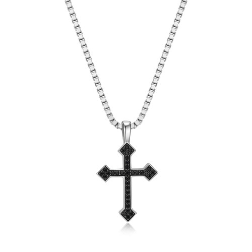 Men's 22" Black Ice Rhodium-Plated and Gunmetal-Finish Sterling Silver Genuine Black Sapphire Box Chain Necklace by ETHOS - UN0027