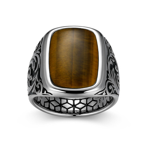 Additional view of Mens Chisel Rhodium-Finish Sterling Silver Tigers Eye Cushion Ring by ETHOS - UR0049