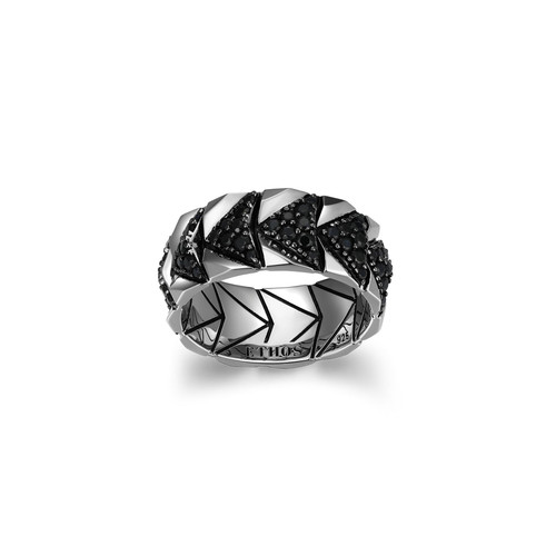 Additional view of Mens Chevron Rhodium and Gunmetal Sterling Silver Lab-Created Black Sapphire Band Ring by ETHOS - UR06