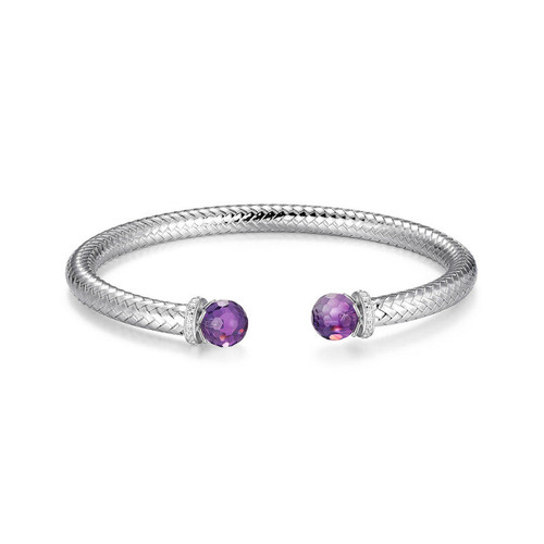 Charles Garnier New Mesh 2 Rhodium-Plated Sterling Silver Amethyst Cubic Zirconia Cuff Bracelet CB0073