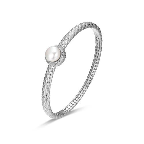 Charles Garnier Quilted Rhodium-Plated Sterling Silver White Pearl Cubic Zirconia Bangle Bracelet CB0215