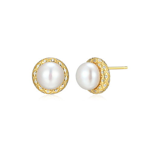 Charles Garnier Quilted Gold-Plated Sterling Silver White Pearl Cubic Zirconia Stud Earrings CE0216