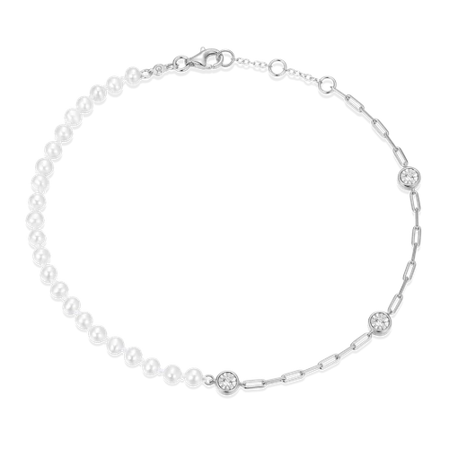 M by Monte Luna Freshwater Baby Pearl & Lab-Created Diamond Station Paperclip Rhodium-Plated Sterling Silver Anklet BA0235W