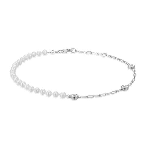 M by Monte Luna Cultured Freshwater Baby Pearl & Lab-Created Diamond Station Paperclip Rhodium-Plated Sterling Silver Anklet