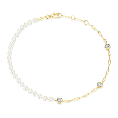 M by Monte Luna Freshwater Baby Pearl & Lab-Created Diamond Station Paperclip 14K Yellow Gold-Plated Sterling Silver Anklet BA0235Y