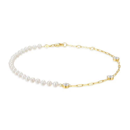 M by Monte Luna Cultured Freshwater Baby Pearl & Lab-Created Diamond Station Paperclip Gold-Plated Sterling Silver Anklet