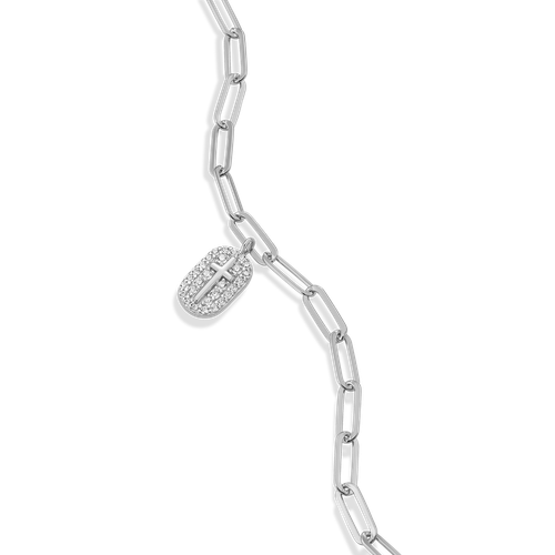 M by Monte Luna Cross Tag Pendant Lab-Created Diamond Paperclip Rhodium-Plated Sterling Silver Bracelet