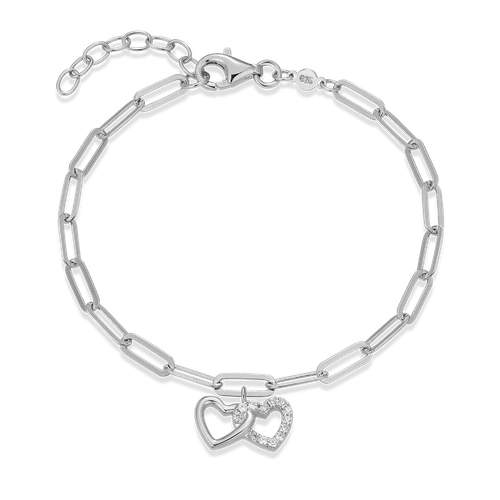 M by Monte Luna Twin Heart Pendant Lab-Created Diamond Paperclip Rhodium-Plated Sterling Silver Bracelet BB0172W