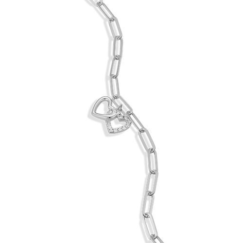 M by Monte Luna Twin Heart Pendant Lab-Created Diamond Paperclip Rhodium-Plated Sterling Silver Bracelet