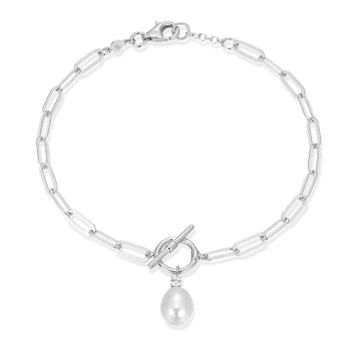 M by Monte Luna Freshwater Pearl & Lab-Created Diamond Toggle-Look Paperclip Rhodium-Plated Sterling Silver Bracelet BB0233W