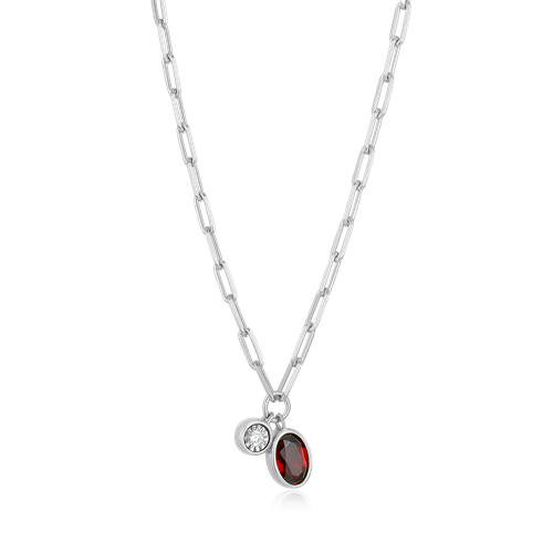 M by Monte Luna January Birthstone Genuine Garnet & Lab-Created Diamond Mini Paperclip Rhodium-Plated Sterling Silver Necklace