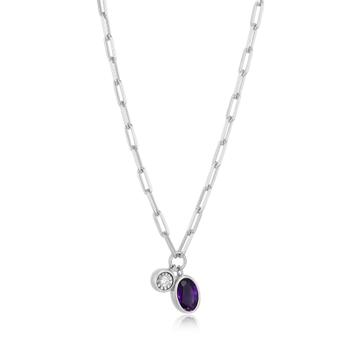 M by Monte Luna February Birthstone Genuine Amethyst & Lab-Created Diamond Mini Paperclip Rhodium-Plated Sterling Silver Necklace