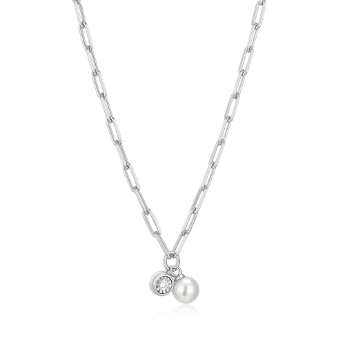 M by Monte Luna June Birthstone Cultured Freshwater Pearl & Lab-Created Diamond Mini Paperclip Rhodium-Plated Sterling Silver Necklace