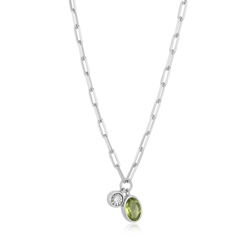 M by Monte Luna August Birthstone Genuine Peridot & Lab-Created Diamond Mini Paperclip Rhodium-Plated Sterling Silver Necklace