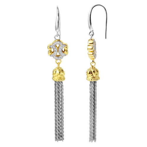 Charles Garnier Gold/Rhodium-Plated Sterling Silver Simulated White Corundum Crown Tassel Drop Earrings