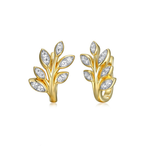 Charles Garnier Gold/Rhodium-Plated Sterling Silver Cubic Zirconia Leaf Huggie Earrings