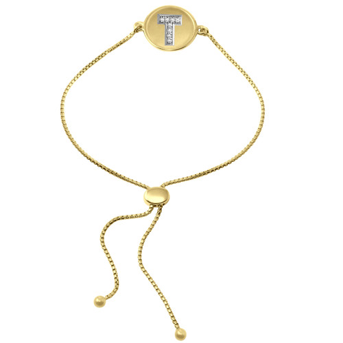 Charles Garnier Gold/Rhodium-Plated Sterling Silver Cubic Zirconia Letter T Bolo Bracelet - 9"