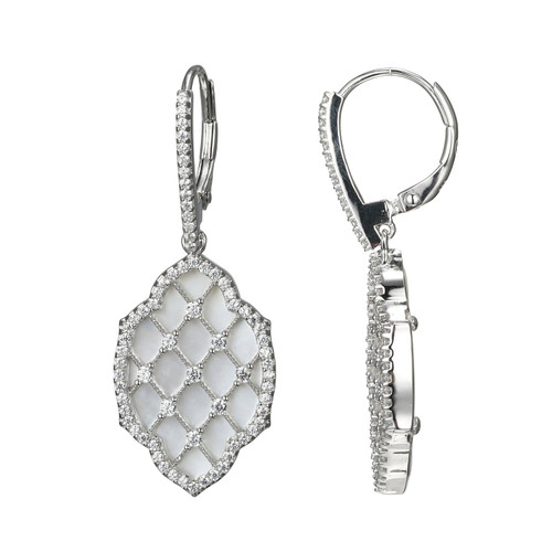 Charles Garnier Rhodium-Plated Sterling Silver White Mother-of-Pearl & Cubic Zirconia Lattice Hexagon Drop Earrings - 20x13x1MM