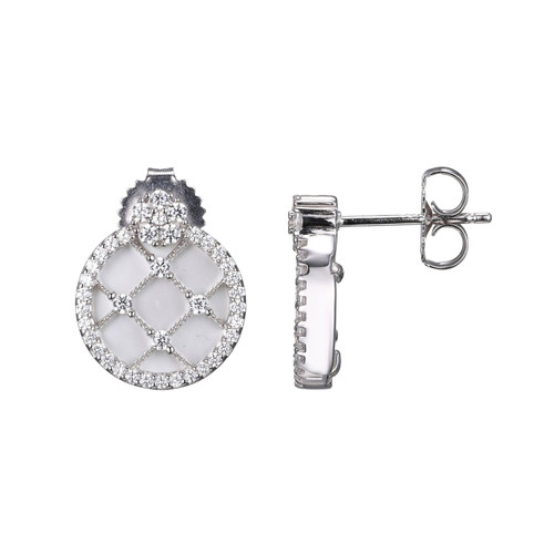Charles Garnier Rhodium-Plated Sterling Silver White Mother-of-Pearl & Cubic Zirconia Lattice Round Stud Earrings - 11x1MM
