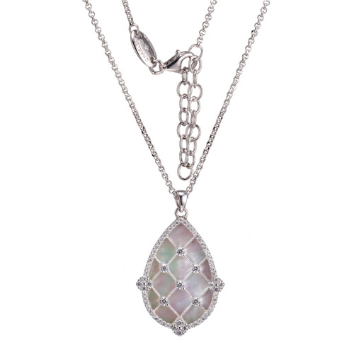 Charles Garnier Rhodium-Plated Sterling Silver White Mother-of-Pearl & Cubic Zirconia Pear Pendant Necklace - 17" + 2" Extender