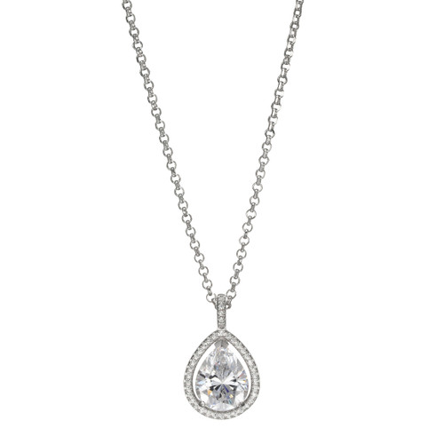 Charles Garnier Rhodium-Plated Sterling Silver Cubic Zirconia Pear Halo Pendant Necklace - 17" + 2" Extender