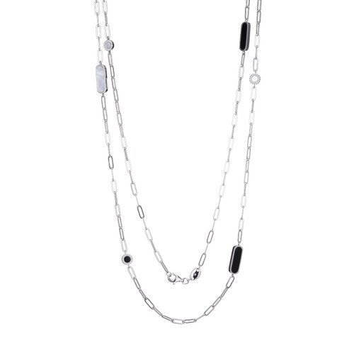 Charles Garnier Rhodium-Plated Sterling Silver Black Agate & White Mother-of-Pearl & Cubic Zirconia Rectangular Crossed Necklace - 36"