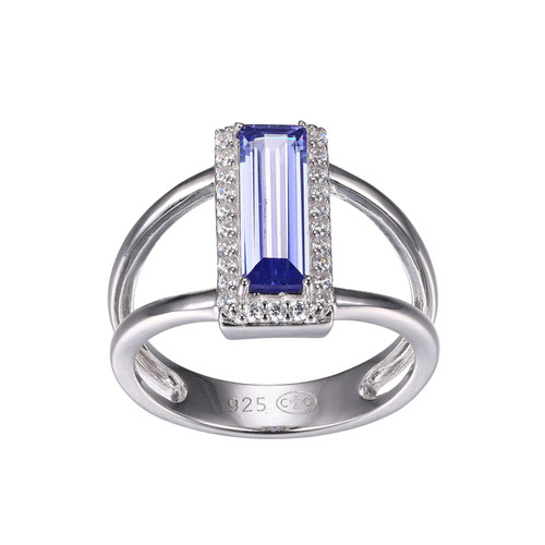 Charles Garnier Rhodium-Plated Sterling Silver Simulated Tanzanite & Cubic Zirconia Rectangular Halo Ring - 12x4MM