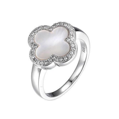Charles Garnier Rhodium-Plated Sterling Silver White Mother-of-Pearl & Cubic Zirconia Clover Halo Ring - 11x1MM