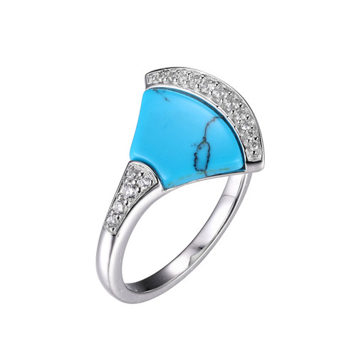 Charles Garnier Rhodium-Plated Sterling Silver Simulated Turquoise & Cubic Zirconia Fan Halo Ring - 13x9x2MM