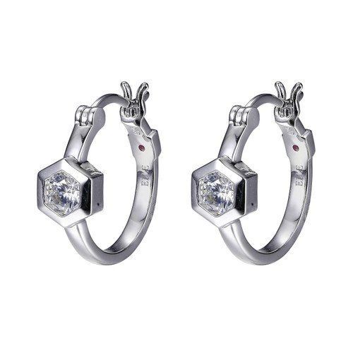 ELLE Rhodium-Plated Sterling Silver Cubic Zirconia Hexagon Huggie Hoop Earrings
