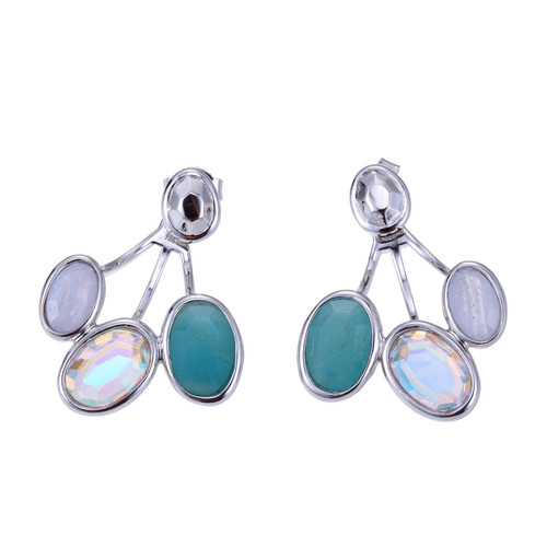 ELLE Rhodium-Plated Sterling Silver Simulated White Crystal & Blue Lace Agate & Quartz Polished Stud Earrings - 10 × 7mm