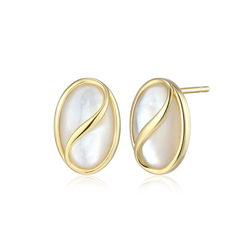 ELLE Gold-Plated Sterling Silver Mother-of-Pearl Sculptural Oval Stud Earrings - 11 × 7 × 1.8mm